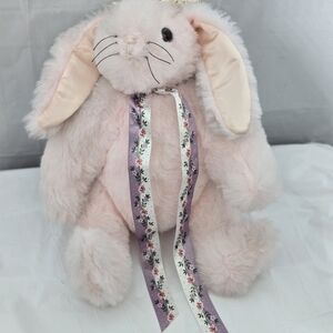 Vintage Plush Pink Bunny Toy with Floral Ribbon